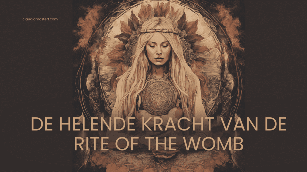 Vrouw in ritueel portaal met bloemkroon. Rite of the Womb.