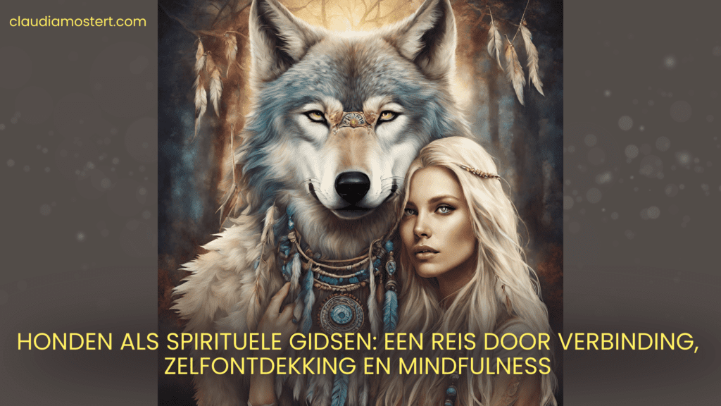 Vrouw naast wolven-hond totem. Honden als spirituele gidsen.