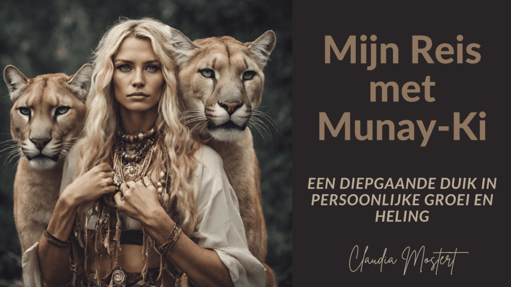 Vrouw met sjamanistische uitstraling tussen twee poema’s. Munay Ki reis en inwijdingen.
