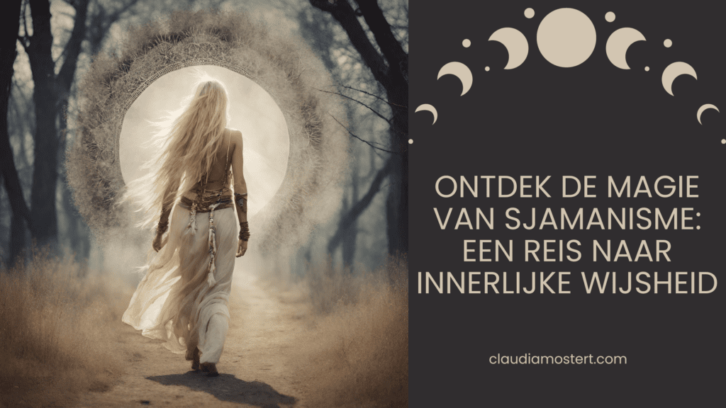 Vrouw loopt een maanpoort in. Sjamanisme en innerlijke wijsheid.