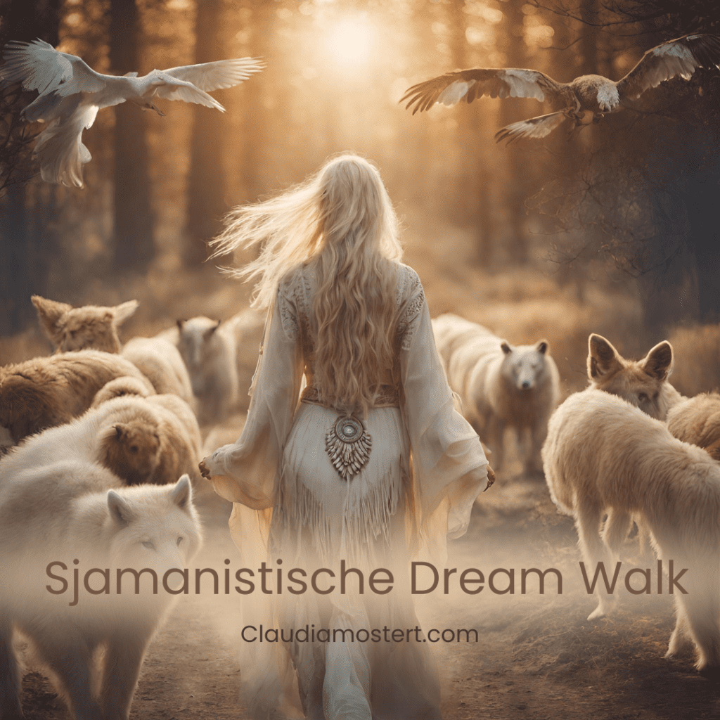 Vrouw loopt tussen witte wolven in bos. Sjamanistische Dream Walk en vrouwelijke creatie.