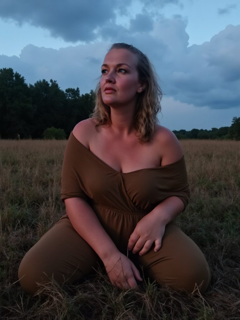 Claudia Mostert zit in een veld bij schemer. Herstel na narcistisch misbruik. Kracht in het lichaam.