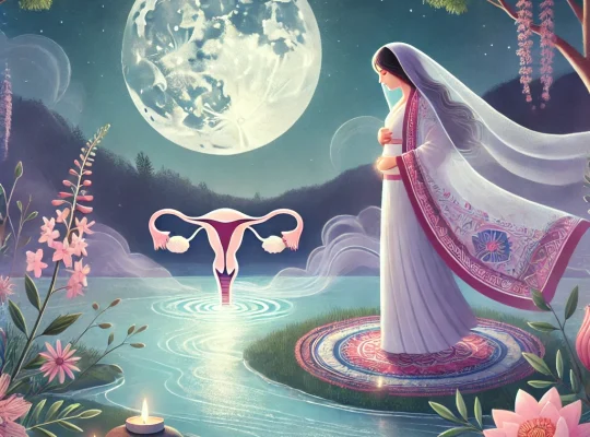 Vrouw bij maanlicht aan het water. Symbool van baarmoeder. Rite of the Womb.