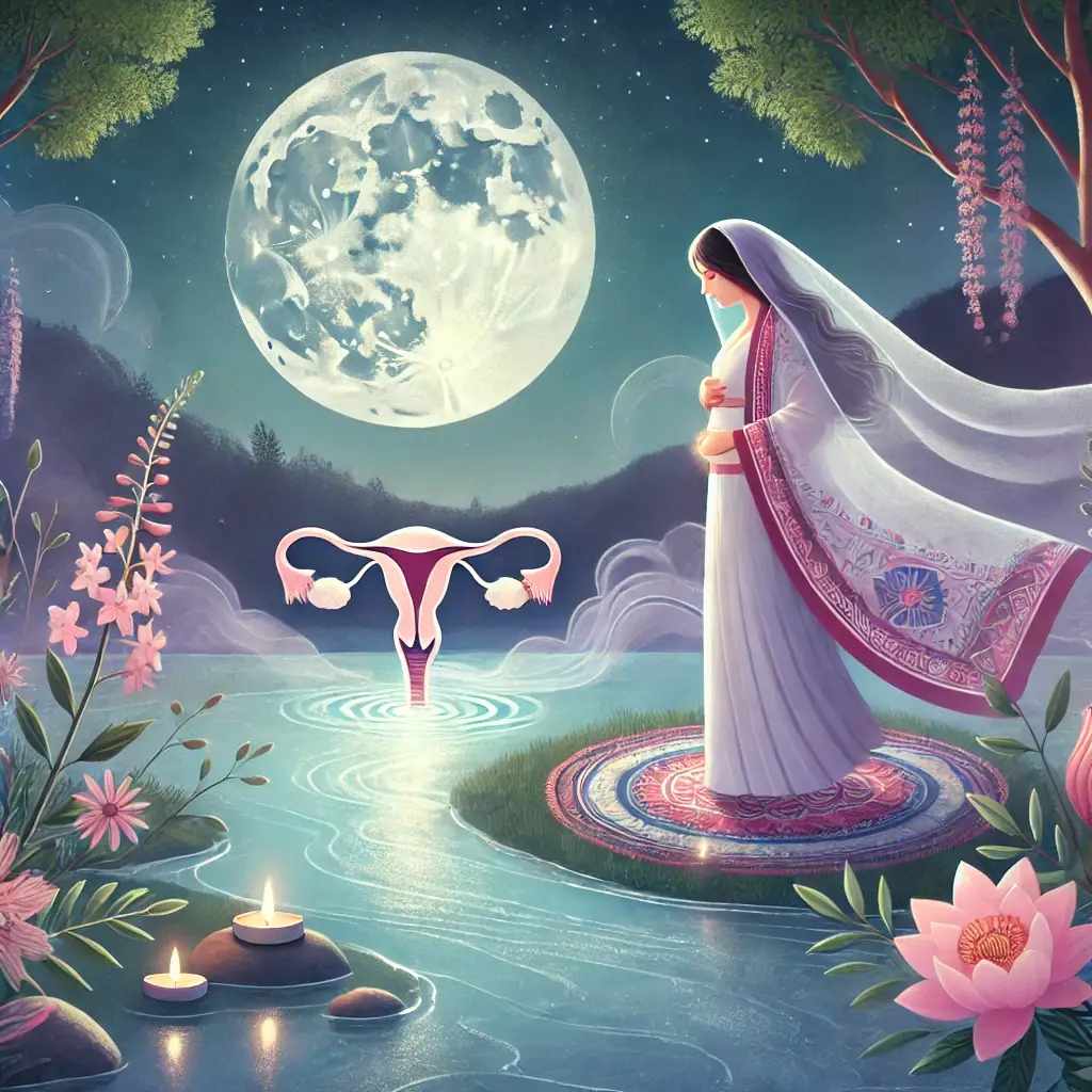 Vrouw bij maanlicht aan het water. Symbool van baarmoeder. Rite of the Womb.