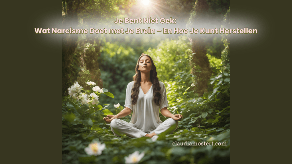 blogbanner met de tekst ‘Je bent niet gek: wat narcisme doet met je brein – en hoe je kunt herstellen’, vrouw mediteert in de natuur tussen bloemen