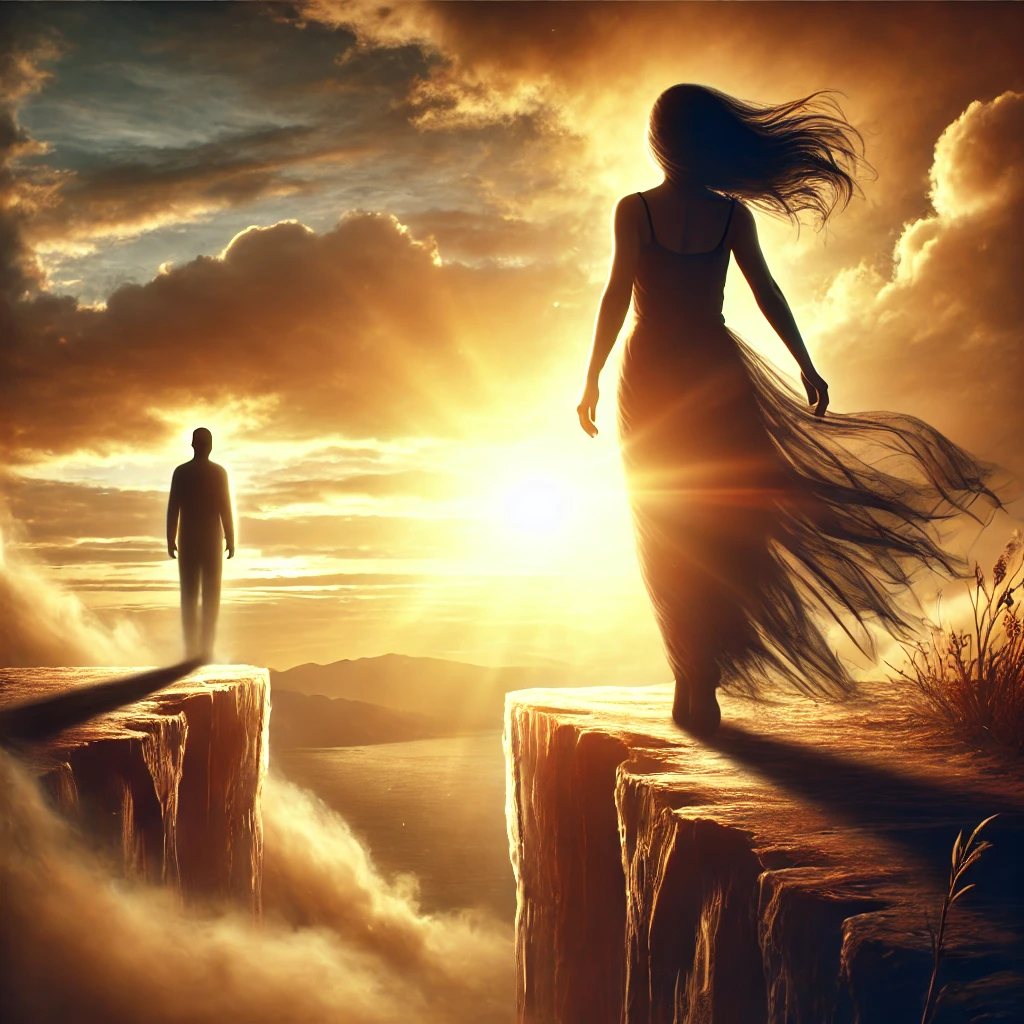 vrouw in lange jurk staat op de rand van een klif bij zonsondergang, symbool voor transformatie en kracht