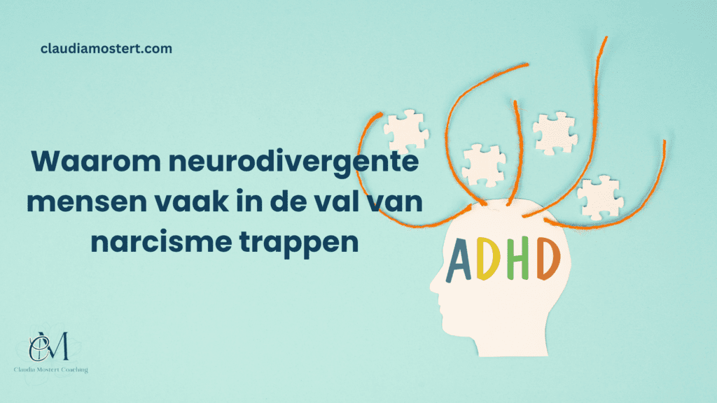 Visual van hoofd met puzzelstukjes en ADHD. Neurodivergentie en kwetsbaarheid voor narcisten.