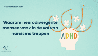 Visual van hoofd met puzzelstukjes en ADHD. Neurodivergentie en kwetsbaarheid voor narcisten.