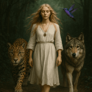 vrouw in witte jurk met jaguar, wolf en kolibrie, symbool voor intuïtie, natuurkracht en spirituele begeleiding