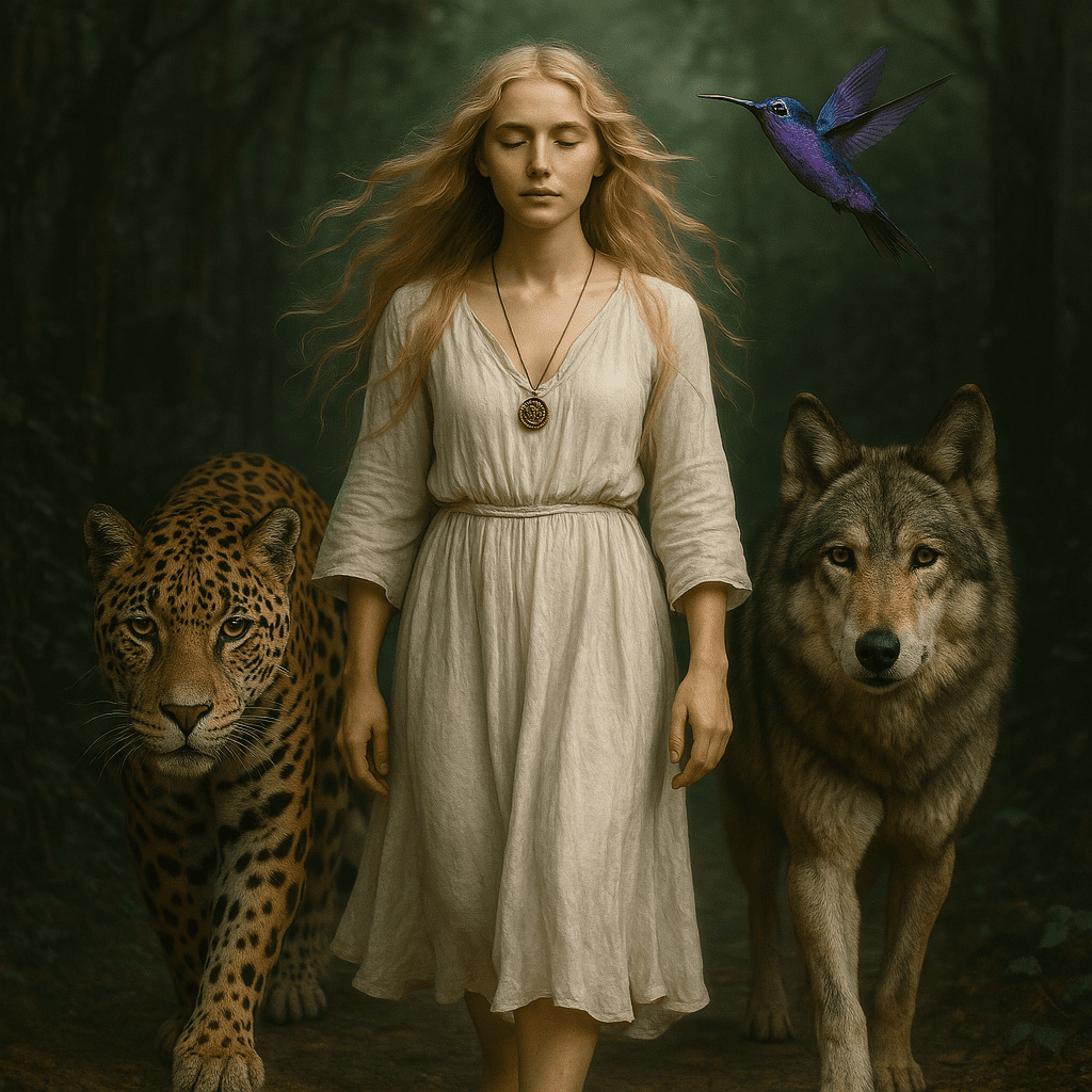 vrouw in witte jurk met jaguar, wolf en kolibrie, symbool voor intuïtie, natuurkracht en spirituele begeleiding