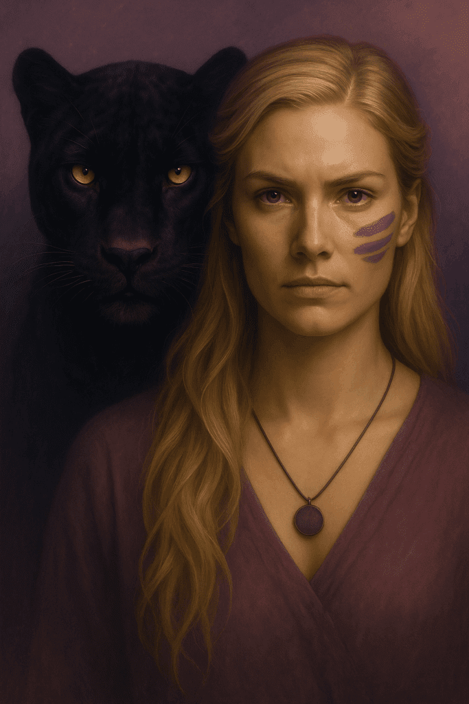 vrouw met lang blond haar en panter achter zich, symbool voor kracht, transformatie en innerlijke waarheid