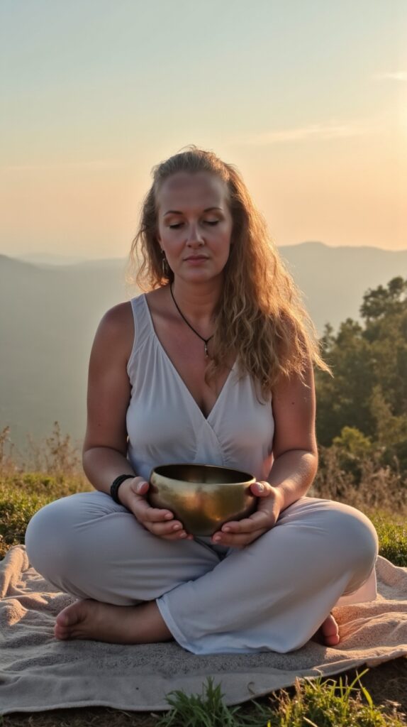 vrouw in meditatie op strand, focus op bekkenwerk en baarmoederkracht