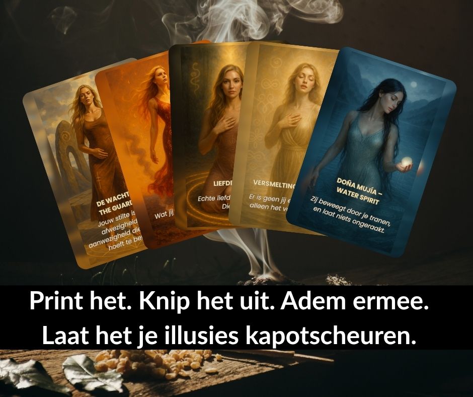 Sacred Feminine Oracle kaarten – close-up met rook, activatie voor schaduwwerk en ritueel.