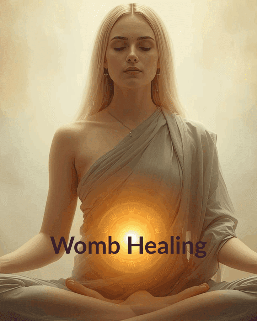 Vrouw in meditatie met licht in haar baarmoeder als symbool voor womb healing en innerlijke kracht.