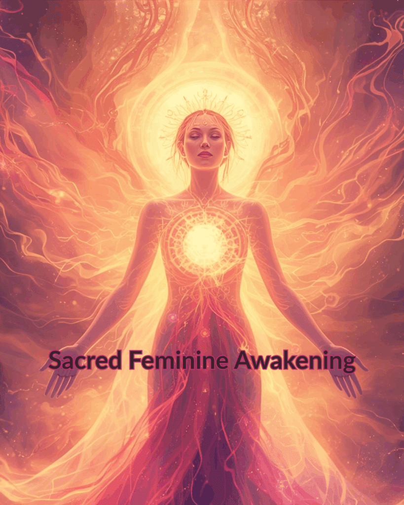Vrouwelijk energieveld in vuur en licht als symbool voor sacred feminine awakening.