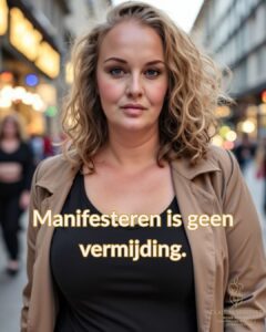 Vrouw met vastberaden blik loopt door een stad, kleding in natuurlijke tinten. Tekst: “Manifesteren is geen vermijding.”