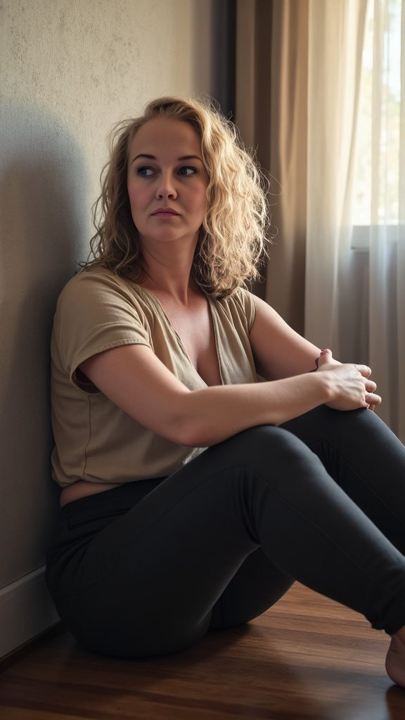 Vrouw zittend met gekruiste armen, grondende rust na het loslaten van de fawn response