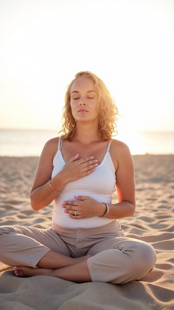 Claudia Mostert op het strand met hand op hart en onderbuik. Womb activatie.
