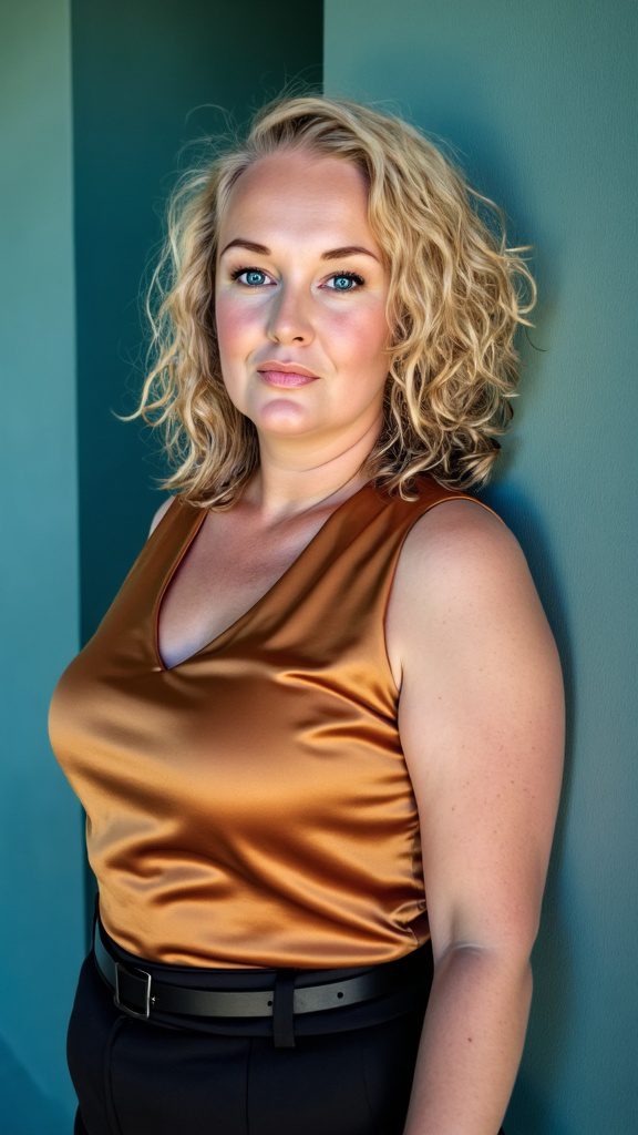 Bekken en geld – vrouw in gouden top, stevig en helder aanwezig, symbool voor grenzen en eigenwaarde.