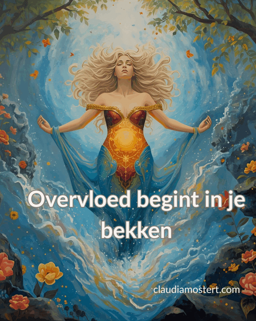 Vrouw in oranje en blauwe tinten, handen op haar bekken, symbool voor vrouwelijke creatiekracht.