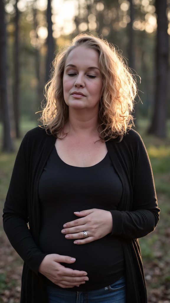 Claudia met hand op buik, staand tussen de bomen, ogen dicht, diep verbonden