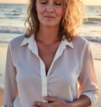 Claudia in witte blouse, met gesloten ogen, hand op buik, zacht ochtendlicht op haar gezicht