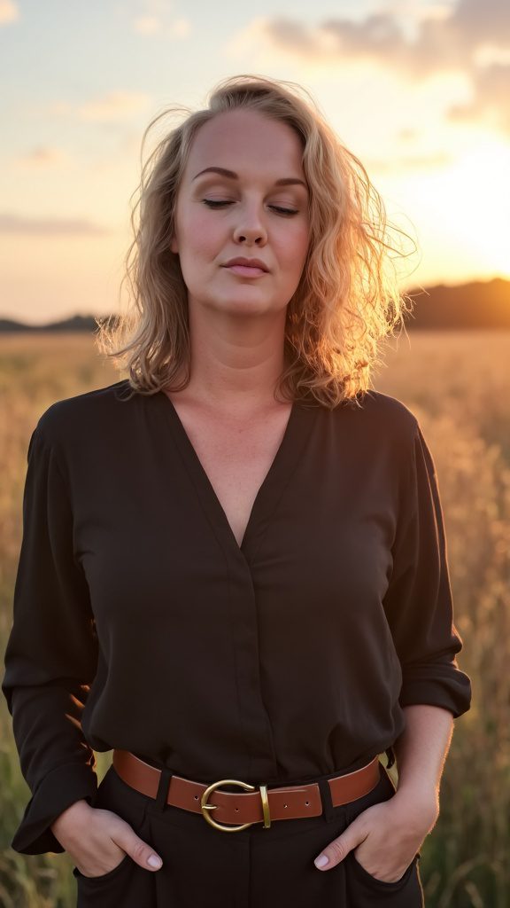 Claudia met gesloten ogen, hand op haar onderbuik, staand in het veld tijdens zonsondergang