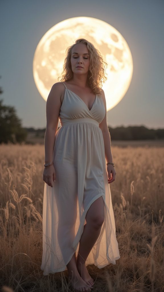 Vrouw die stevig staat in een graanveld met de maan achter haar, volledig in haar vrouwelijke kracht.