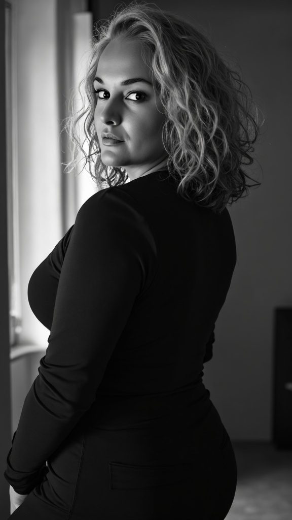 Zwart wit foto van een vrouw die volledig in haar lijf aanwezig is, somatische rust en dark feminine groundedness.