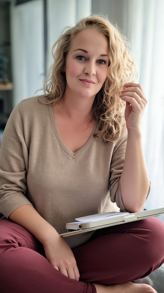 Vrouw met blond krullend haar zit aan tafel met notitieboek en pen, kijkt rustig voor zich uit.